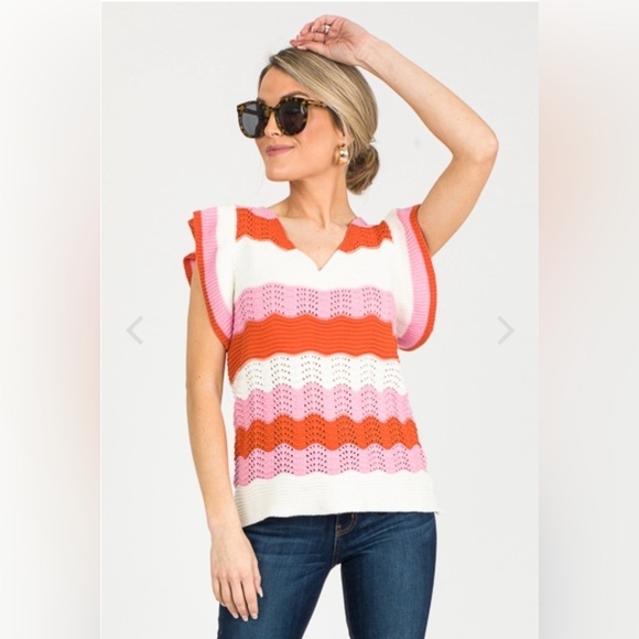 THML Sweaters - THML Anthropologie M Knit Cotton Sweater Wavy Stripe V Neck Flutter Sleeves Pink